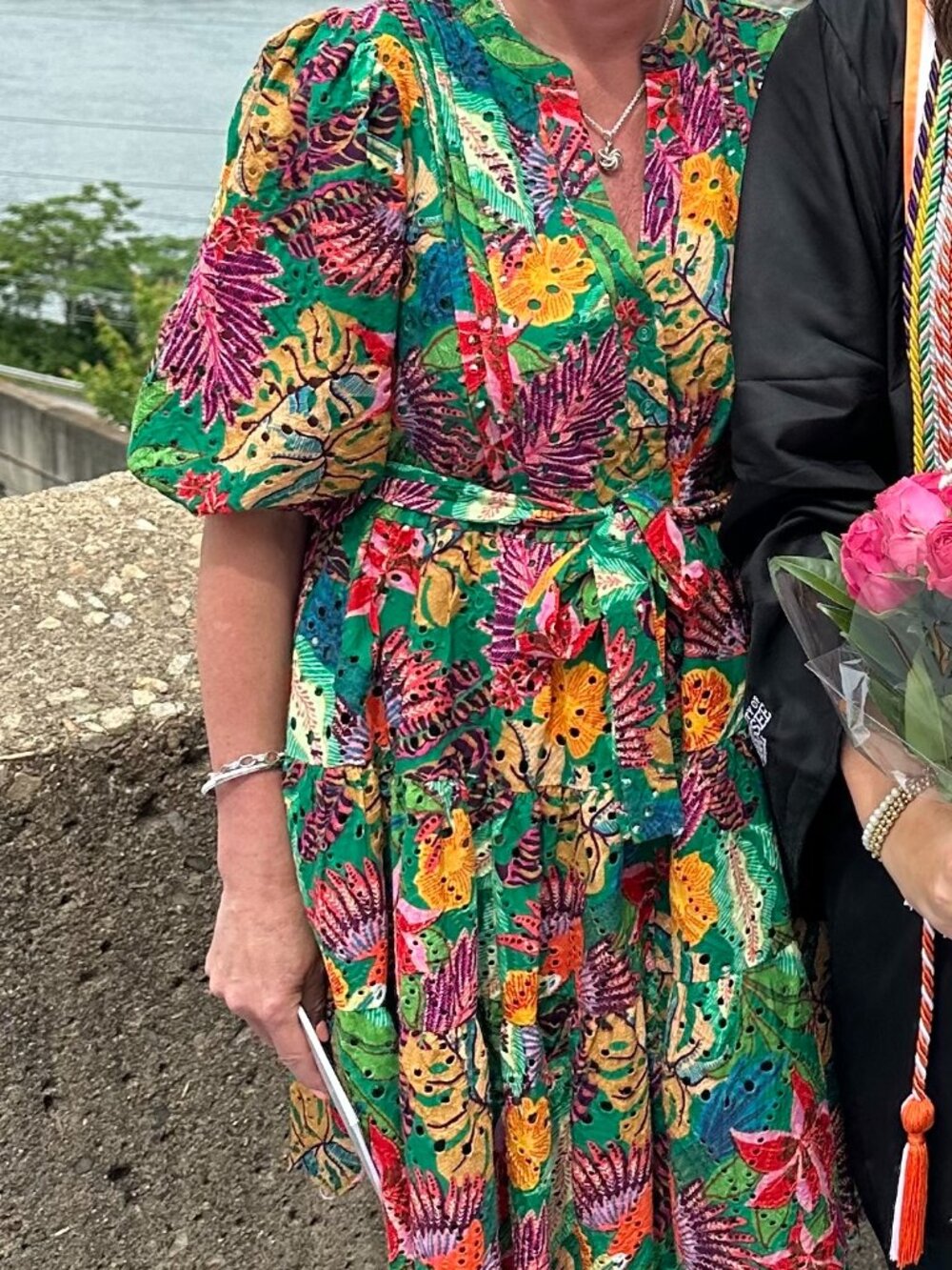 Gibson Latimer Green Tropical Floral Tie-Waist Puff Sleeve Dress Size Small
